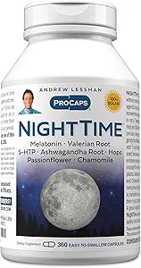 ANDREW LESSMAN Night Time 360 Capsules - 3 mg Melatonin, Valerian, Ashwagandha, Passionflower, Hops, Chamomile. Sabah Grogginess yok. Doğal Destek, Gentle Restful Sleep. Swallow Capsules kolay