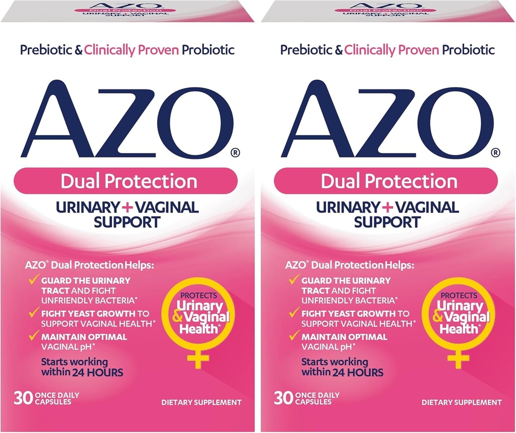 AZO Dual Protection | Urinary + Vaginal Support* | Prebiotic Plus Clinically Proven Women's Probiotic | Starts Working Within 24 Hours | Non-GMO | 30 Count (Pack of 2)