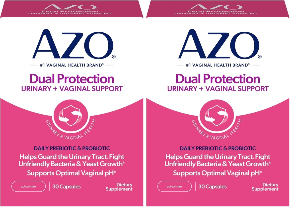 AZO Dual Protection | Urinary + Vaginal Support* | Prebiyotik Plus Klinik Olarak Proven Women's Probiyotik | Starts Working within 24 Hours | Non-GMO | 30 Count (Pack of 2)