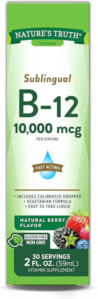 Nature's Truth Sublingual Vitamin B-12 10.000 Mcg, Fast Acting Liquid, Natural Berry Flavor, 2 Akış Ounce (kısa 1)