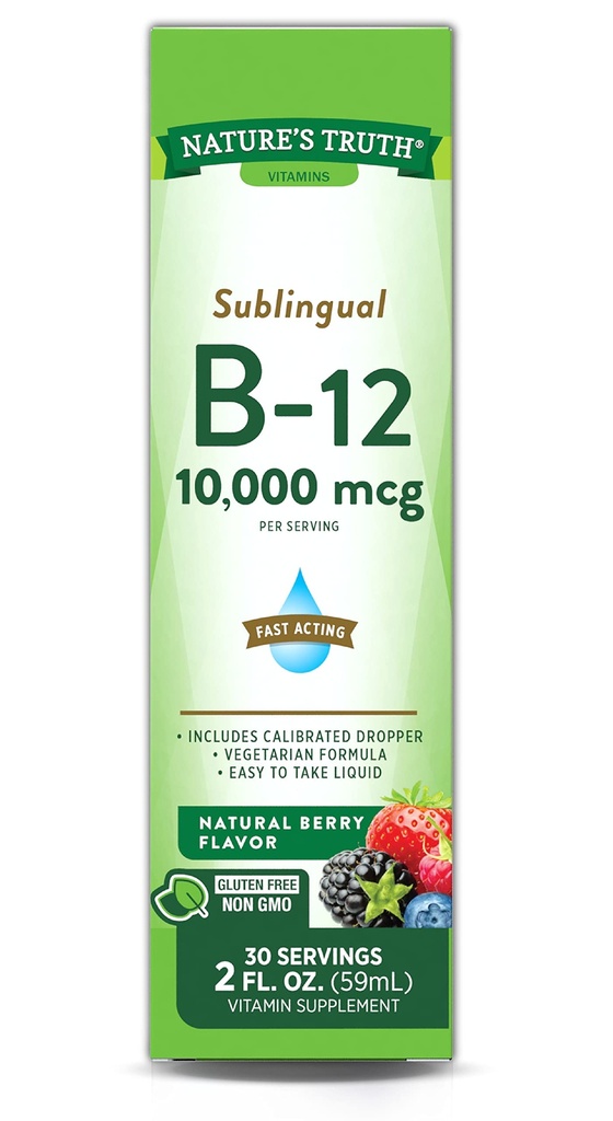 Nature's Truth Sublingual Vitamin B-12 10.000 Mcg, Fast Acting Liquid, Natural Berry Flavor, 2 Akış Ounce (kısa 1)