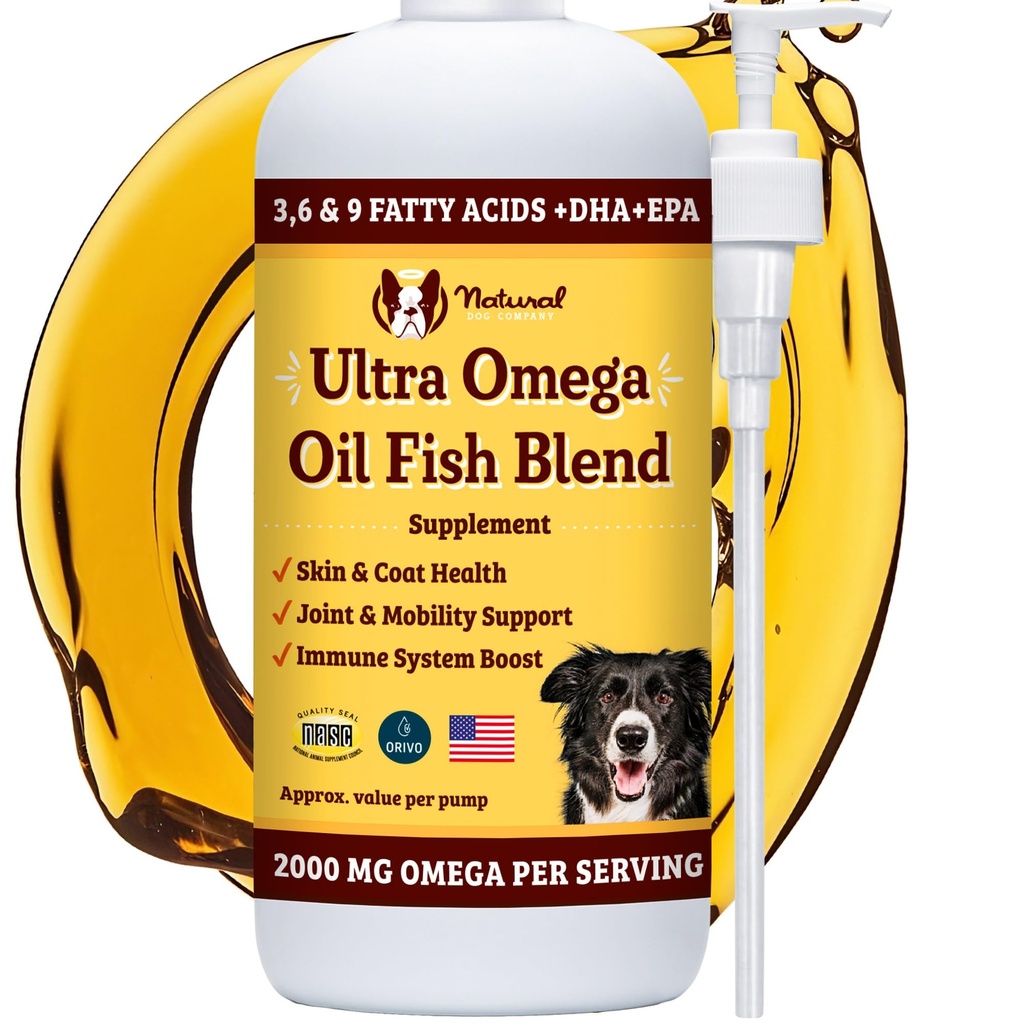 Natural Dog Company Ultra Omega Oil for Dogs a 2000 MG Omega 3, 6, 9 with Salmon, Pollock & Flaxseed Oil, EPA & DHA, Dog Supplement for Skin, Coat, Ortaklar, Antis & Itch Relief, Dog Fish Oil 16oz