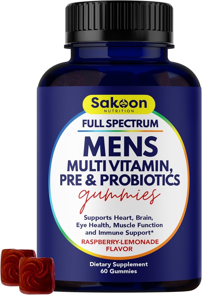 Sakoon beslenme Men's Multivitamin Gummies with Probiyotiks and Prebiyotiks, Adult Multivitamin A, C, D, E, B & More, Support Immune, Energy, Health, 60 Count