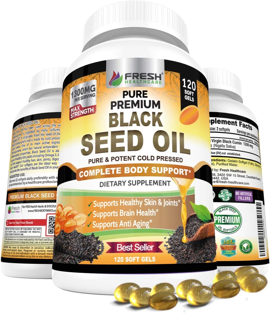 FRESH SACARE Black Seed Oil Capsules Cold Pressed 1300 mg - %100 Pure Non-GMO Nigella Sativa - Immune & Ortak Destek - Premium Softgel Supplement