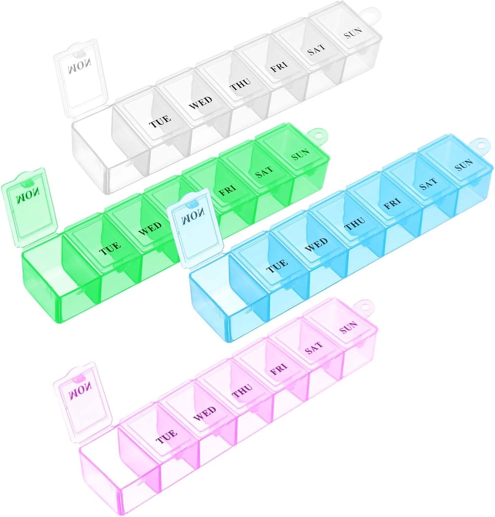 Haftalık Pill Organizer,4Pcs 7 Günlük Pill Vaka Günlük Vitamini Tıp Kutusu Portreatif Tıp Organizer, İlaç Ekleri için Karşılaştırmalı 4 Renkler AM PM Pill Konteynerleri