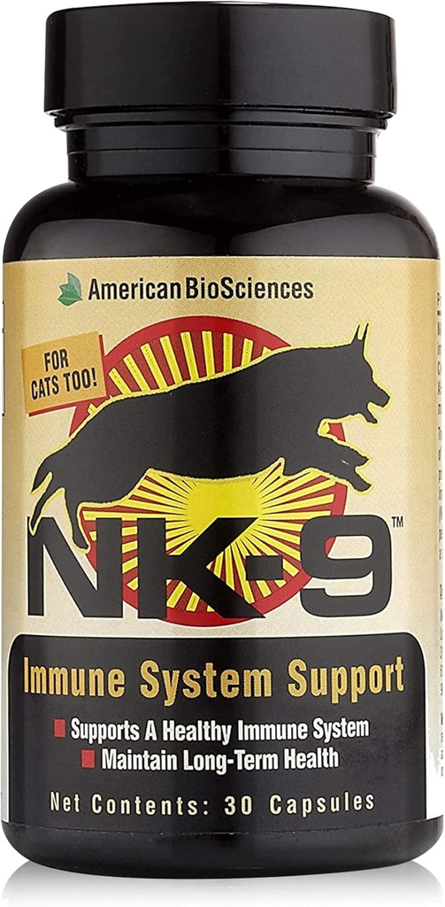 American BioSciences NK-9, AHCC συμπλήρωμα για σκύλους & γάτες - Συμπλήρωμα διατροφής για την υποστήριξη του ανοσοποιητικού συστήματος - Φτιαγμένο για την ανοσοάμυνα του κατοικίδιου ζώου - 30 κάψουλες, 250mg/capsule