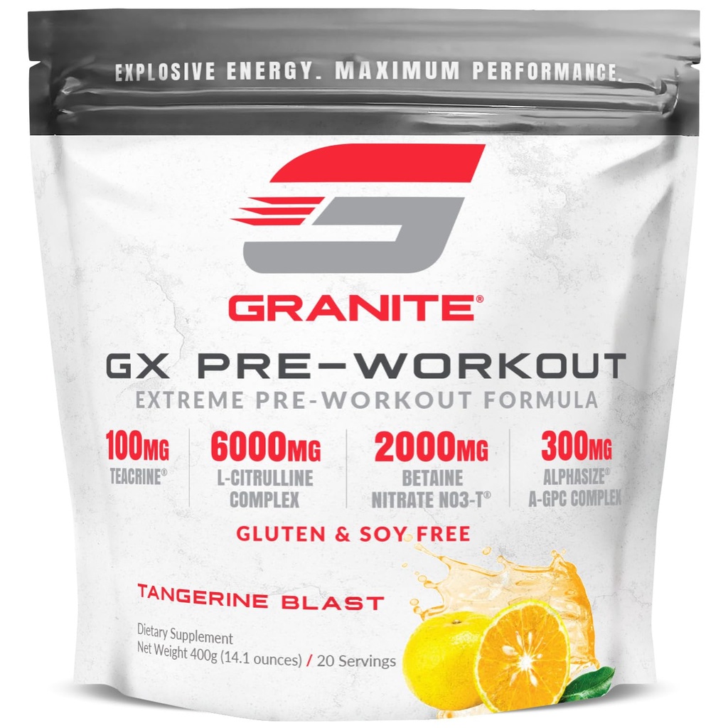 Granit GX Pre Workout Supplement, Tangerine Blast Flavor, Supports Focus, Energy, & Performance with Teacrine, L-Citrulline, Betaine, & A-GPC (20 hizmet)