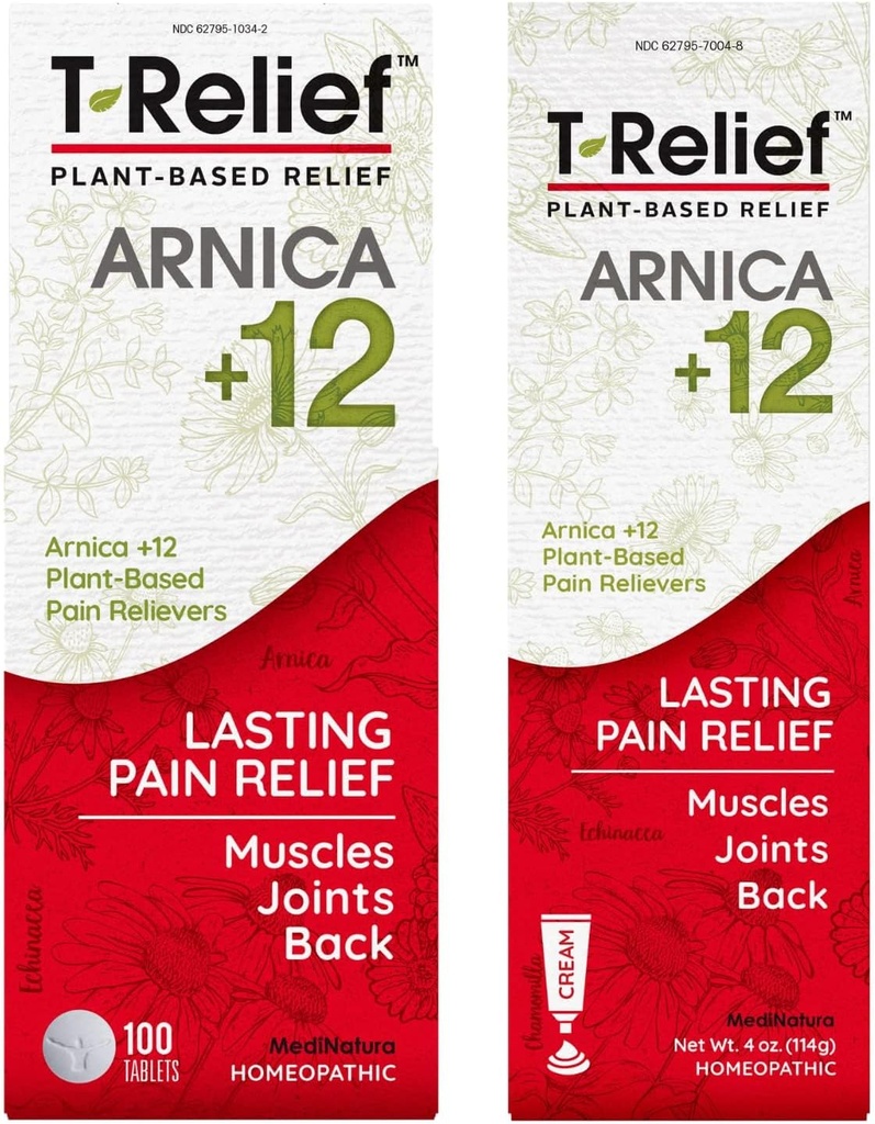 MediNatura T-Relief Arnica +12 Doğal Ağrı 100ct Tabletleri T-Relief Natural Pain Relief Arnica +12 4oz Cream