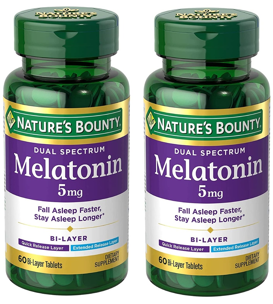 Nature's Bounty Melatonin 5 mg Dual Spectrum,% 100 Drug Free Sleep Supplement, Hızlı Yayın ve Genişletilmiş Yayın, Rahatlama ve Uyku Sağlığını Teşvik Ediyor, 60 Bi-Layer Tabletleri (Pazar 2)