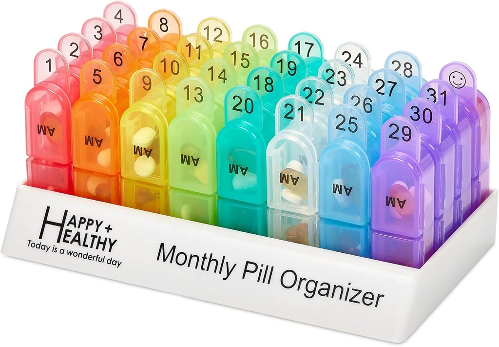 Monthly Pill Organizer 2 Times a Day, 30 Day Pill Box AM PM, Morning and Night One Moon Pill Box Organizer with Daily Reforce 31 Day Pill Organizers and Organing Tray