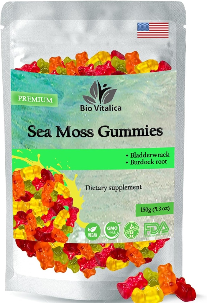 Sea Moss Gummies - İrlandalı deniz Moss ham Organik, Bladderwrack, Burdock Root. Contains Sea Moss Gel ve Toz. Immune Boosting (1, Original)