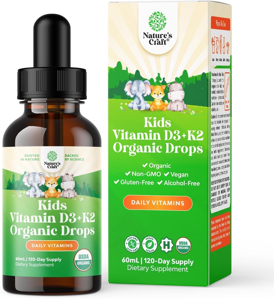 Natures Craft Kids Vitamin D3 K2 Drops - Güçlü Kemikler ve Ortaklar için Çocuklar için Organik Vitamin D - Bebekler, Bebekler ve Toddler Immune Support Drops Liquid Supplement - 60 ml Şişeler - Kristalleri Azal