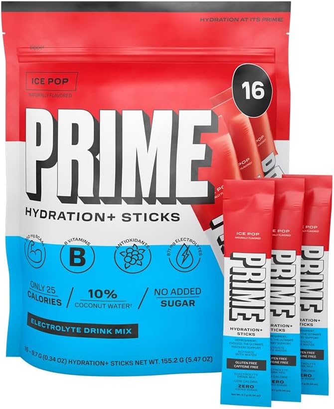 PRIME HYDRATION+ Sticks ICE POP | Hydration Toz Single Servis Sticks | Electrolyte Toz On The Go | Low Sugar | Caffeine-Free | Vegan | 16 Sticks