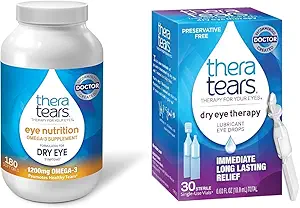 TheraTears 1200 mg Omega 3 Supplement for Eye Beslenme, Organik Flaxseed Triglyceride Fish Oil & Kuru Eye Therapy Laneing Eye Drops for Kuru Eyes, Preservative Free Eye Drops