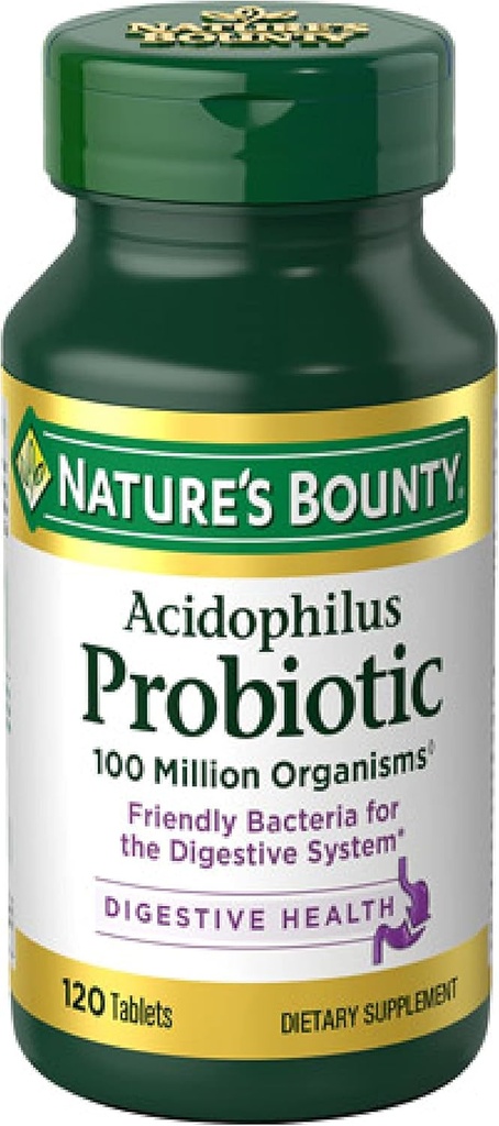 Nature's Bounty Lactobacillus Acidofilius Probiyotik Supplement - Daily Probiyotik for Women/Men Digestive Health, 100 Milyon Organizm, Vegetarian, 1 Günlük olarak hizmet, 120 Tablet