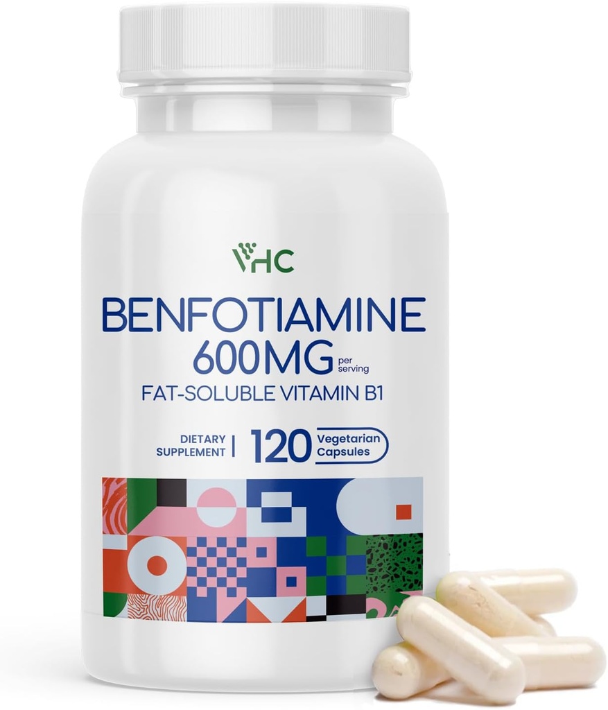 VHC Vitamin B1 Benfotimin 600 mg Supplement- 5X Time Fat-plastik Thiamine B1- Max Boost Bio available Thiamine B1 Seviyes-120 Veggie Capsules,Non-GMO, Soy Free- Made in USA