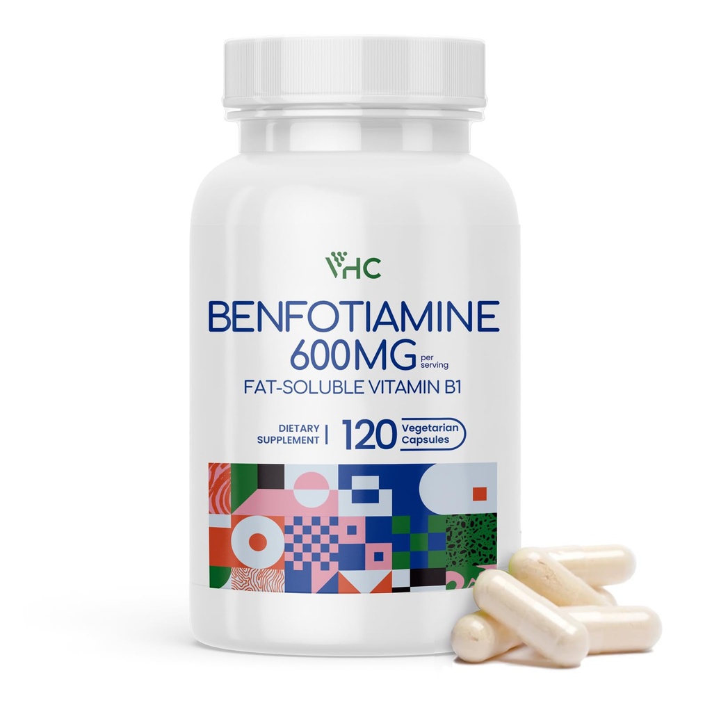 VHC Vitamin B1 Benfotimin 600 mg Supplement- 5X Time Fat-plastik Thiamine B1- Max Boost Bio available Thiamine B1 Seviyes-120 Veggie Capsules,Non-GMO, Soy Free- Made in USA