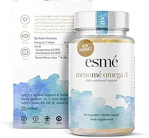 esmé menomé Omega 3 Καθημερινή διατροφική υποστήριξη για την περιεμμηνόπαυση, την εμμηνόπαυση και τη μετεμμηνόπαυση 60 κάψουλες 30 ημέρες Συμπλήρωμα διατροφής προσφοράς 660mg EPA & 440mg DHA ανά καθημερινή υπηρεσία