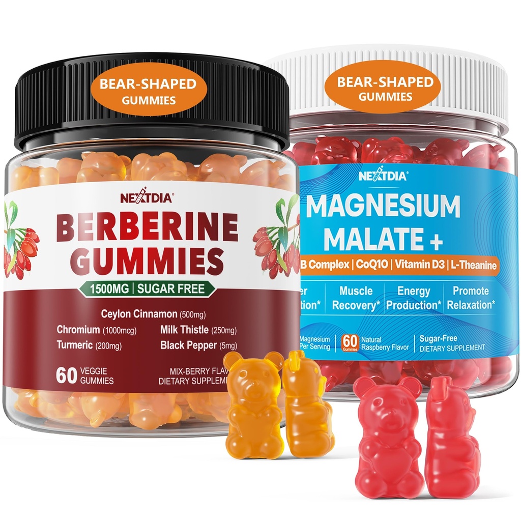 2Pack Berberine Supplement Gummies 1500 mg + 2Pack Magnezyum Malate with CoQ10-100mg Gummies