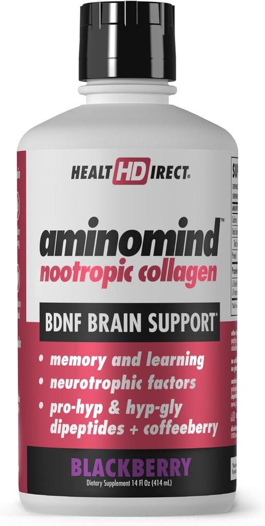 ΥΓΕΙΑ DIRECT - AminoMind - Nootropic Collagen Supplement for Brain Health and BDNF - Pro-Hyp & Hyp-Gly Dipeptides, Coffeeberry Antioxidants - BlackBerry - 14 Fl Oz (28 Services)