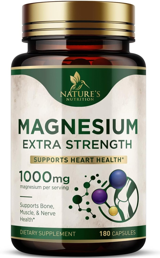 Magnezyum Mineral Supplement 1000 mg - Yüksek Potency Citrate for Bone, Heart Health, Nerves & Muscle Support, Nature's Magnezyum Kompleksi, ABD'de Şişelenmiş - 180 Capsules