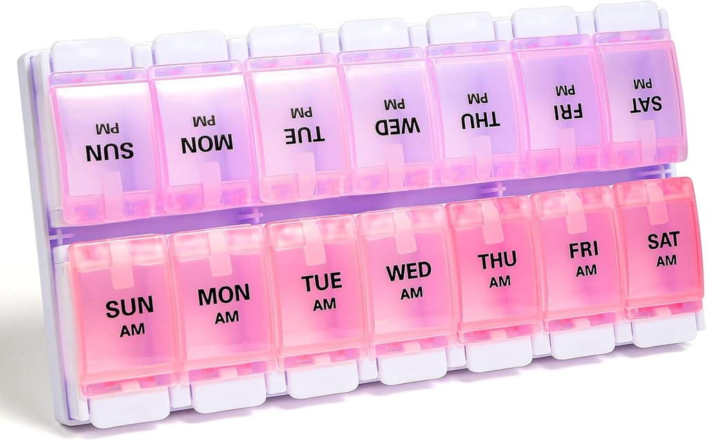 Sukuos AM PM Weekly Pill Organizer 7 Day, 2 Times A Day Medicine Pill Box with Easy Push Düğme, BPA Free Vitamin Cases for Fish Oil /Supplements, Easy to Clean (Purple&Pink)