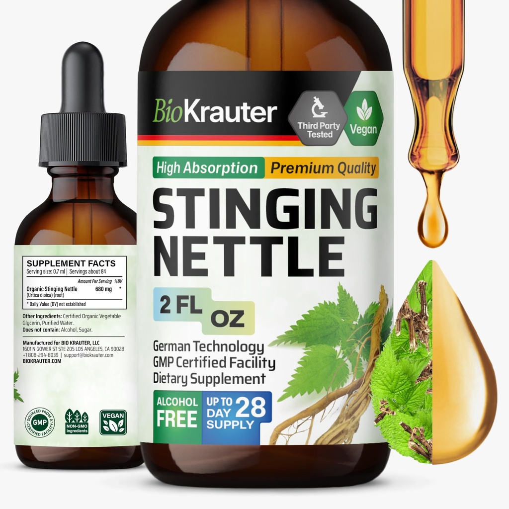 BIO KRAUTER Nettle Tincture - Nettle Root Extract - Urinary Support Supplement - Urtica Dioica Natural Extract - Vegan, Sugar & Alkol Free Drops 2 Fl.Oz.