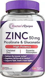 Doktor'un çinko Tarifleri 50 mg, Yüksek derecede Absorbable Çinko Picolinate & Gluconate, Supports Natural Immune Defense, DNA & protein Formasyon, Hücre Büyüme, Non-GMO, 120 Veggie Capsules