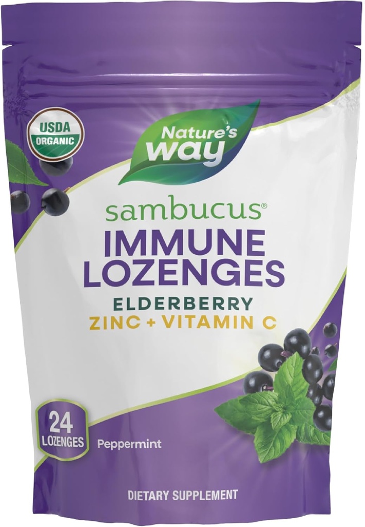 Nature's Way Sambucus Çinko Lozenges with Elderberry and Vitamin C, Peppermint Flavored, 24 Lozenges