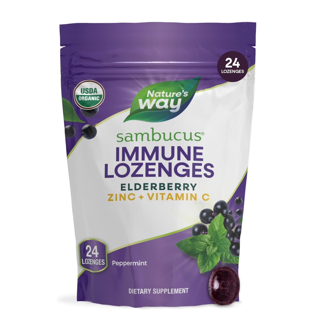 Nature's Way Sambucus Çinko Lozenges with Elderberry and Vitamin C, Peppermint Flavored, 24 Lozenges