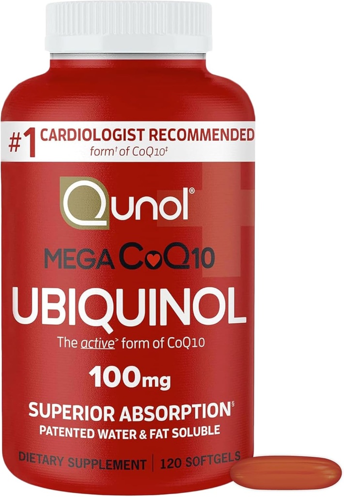 Qunol Mega Ubiquinol CoQ10 100 mg, Üstün Aborpsiyon, Patentli Su ve Fat ► Natural Supplement Form of Coenzyme Q10, Antioksidan for Heart Health, 120 Count (Pack of 1) Softgels
