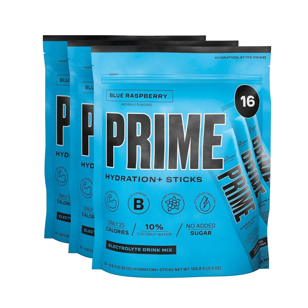 PRIME HYDRATION+ Sticks Blue Raspberry | Hydration Toz Single Servis Sticks | Elyte Toz On The Go | 250 mg BCAAs, B Vitaminleri, Antioksis | Low Sugar | Caffeine-Free | Vegan | 48 Sticks