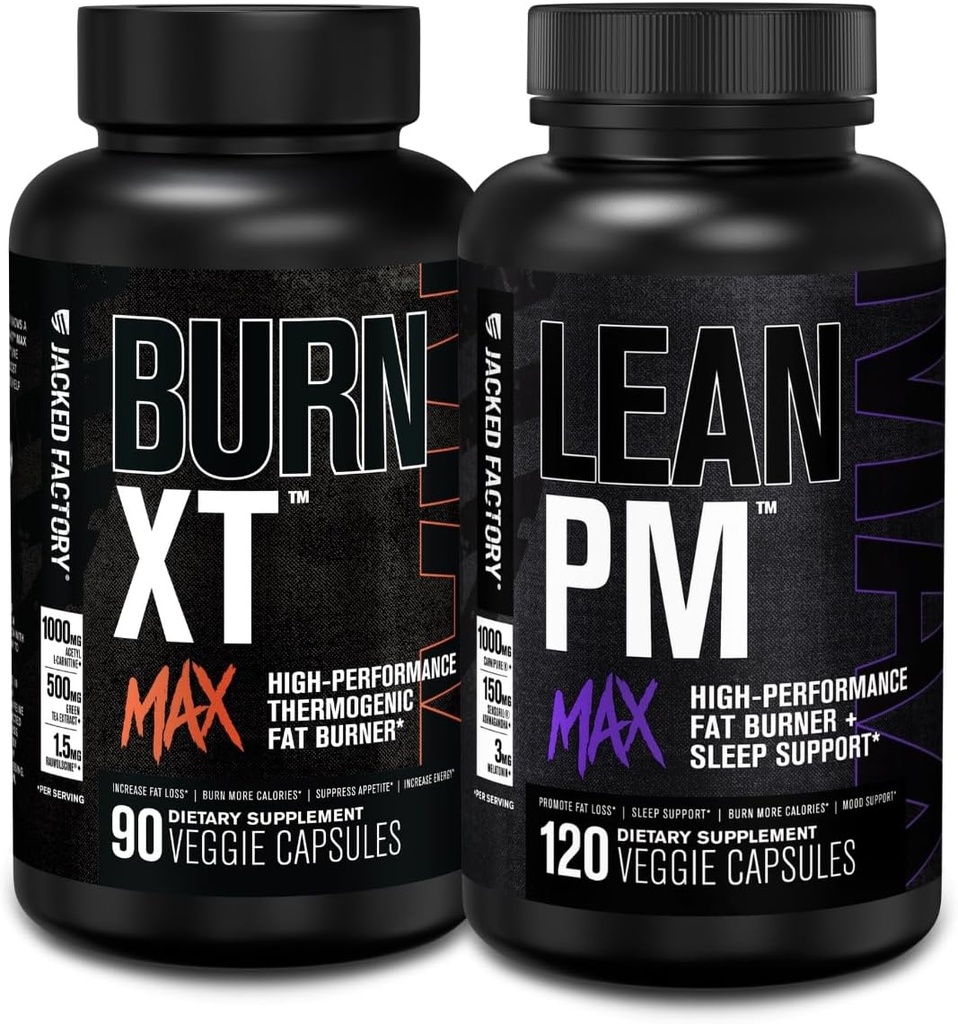 Jacked Factory Burn-XT Max - Termogenic Fat Burner & Appetite Suppressant (90 Capsules) & Lean PM Max High-Performance Kilo Kaybı, Fat Burner ve Appetite Suppressant (120 Capsules)