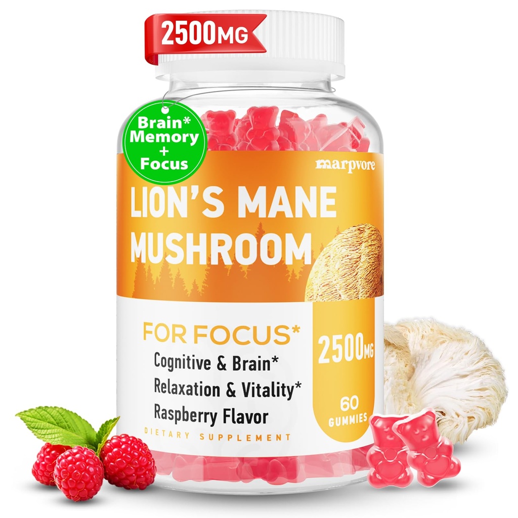Lions Mane Gummies, Organik Lion's Mane, Yetişkinler için Lions Mane Gummies, Ashwagandha & Alpha GPC, Cortisol Supplements for Women & Men, 60 Counts