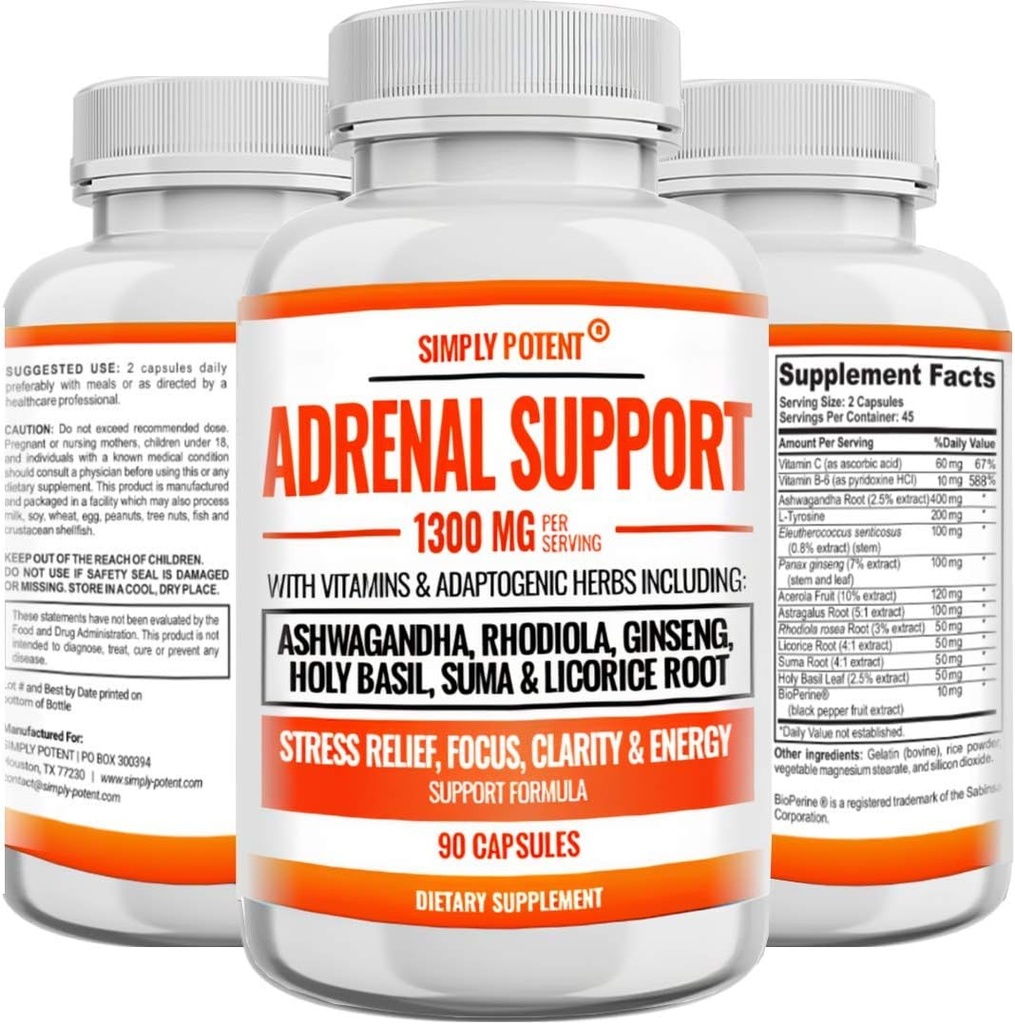 Adrenal Support and Cortisol Manager - 90 κάψουλες, Adrenal Health Supplement with Ashwagandha, Licorice Root, Rhodiola Rosea, Ginseng, Holy Basil for Adrenal Fatigue for Women & Men