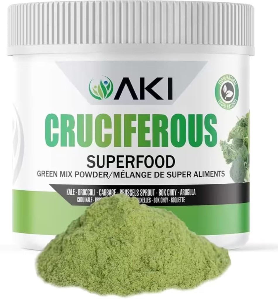 AKI Cruciferan Green Mix Powder - Κατασκευασμένο από Kale, Broccoli, Brussels Spruts, Labage - Συσκευασμένο με Ουσιαστικά Φυτοθρεπτικά συστατικά & Βιταμίνες ( (5.3oz/150g))