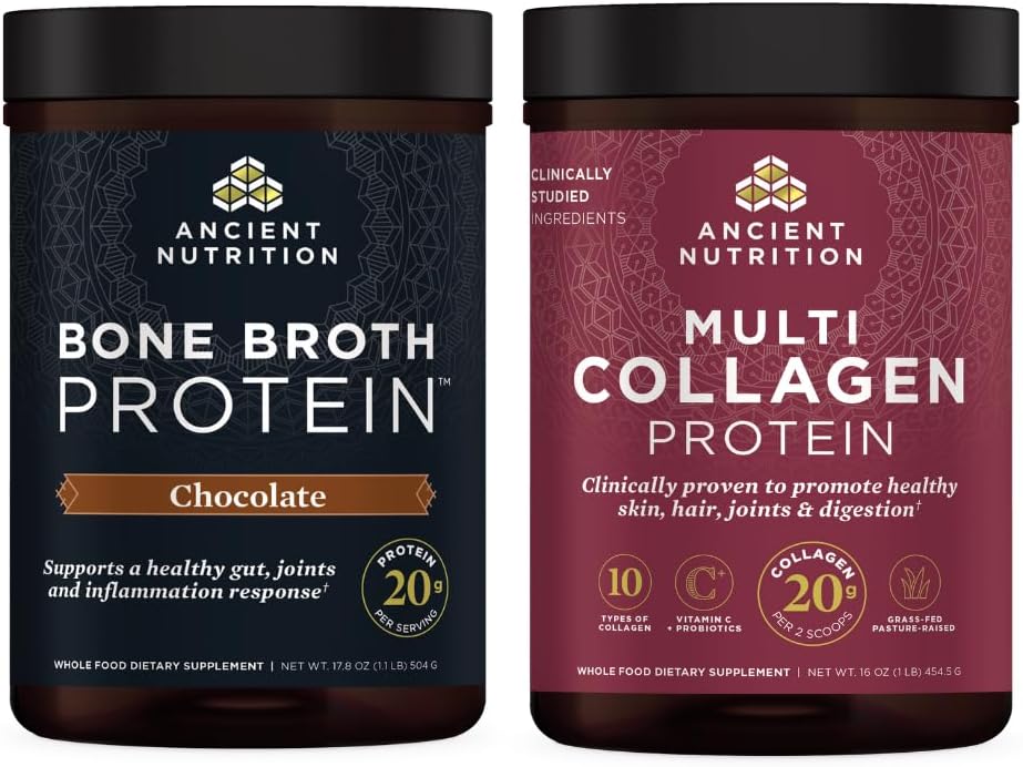 Αρχαία διατροφή Multi Collagen Protein Powder, Άγευστη, 45 σέρβις + Bone Broth Protein Powder, Σοκολάτα, 20 σέρβις