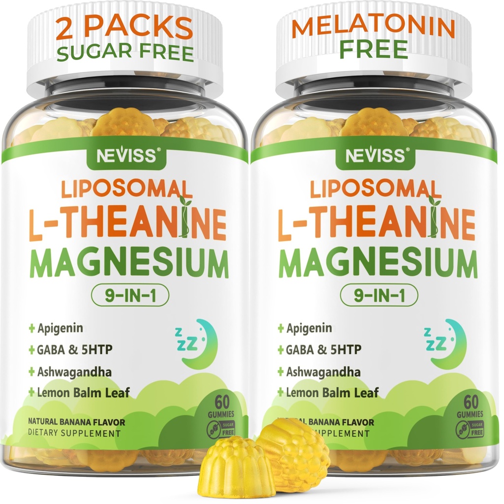 Liposomal L-Theanine 200 mg Magnezyum Glycinate 400 mg Gummies with GABA, 5HTP, Apigenin, Vitamin B6 & D3, Ashwagandha, Lemon Balm Leaf, Melatonin Free Sleep Chewable for Relax Mood & Muscle, 2 Packs