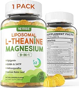 Liposomal L-Theanine 200 mg Magnezyum Glycinate 400 mg Gummies with GABA, 5HTP, Apigenin, Vitamin B6 & D3, Ashwagandha, Lemon Balm Leaf, Melatonin Free Sleep Chewable for Relax Mood & Muscle, 2 Packs