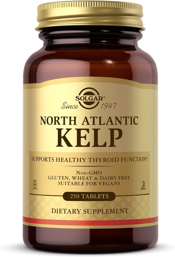 Solgar North Atlantic Kelp, 250 δισκία - Φυσική πηγή ιωδίου - Υποστηρίζει υγιή λειτουργία θυρεοειδούς - Χωρίς γλουτένη, χωρίς γαλακτοκομικά, Kosher - 250 υπηρεσίες