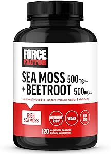 FORCE FACTOR Irish Sea Moss + Beet Root Supplement to Support Immunity, Circulation, Natural Energy, Heart Health, with Antioksis, Non-GMO, Vegan-Friendly, Soy-Free, 120 Sebze Capsules