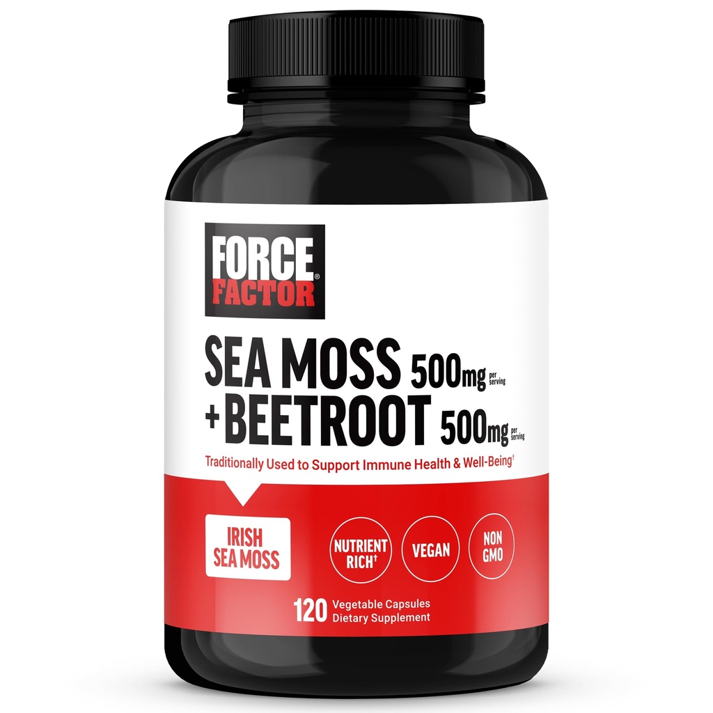 FORCE FACTOR Irish Sea Moss + Beet Root Supplement to Support Immunity, Circulation, Natural Energy, Heart Health, with Antioksis, Non-GMO, Vegan-Friendly, Soy-Free, 120 Sebze Capsules