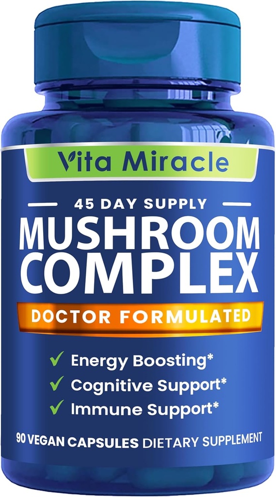 Mushroom Supplement Capsules - 10x Mushroom Kompleks ile Lions Mane Cordyceps Shiitake Reishi Mushrooms Supplements - All Natural Herbal Vitaminleri Focus Energy ve Brain 90 Capsules için Pills