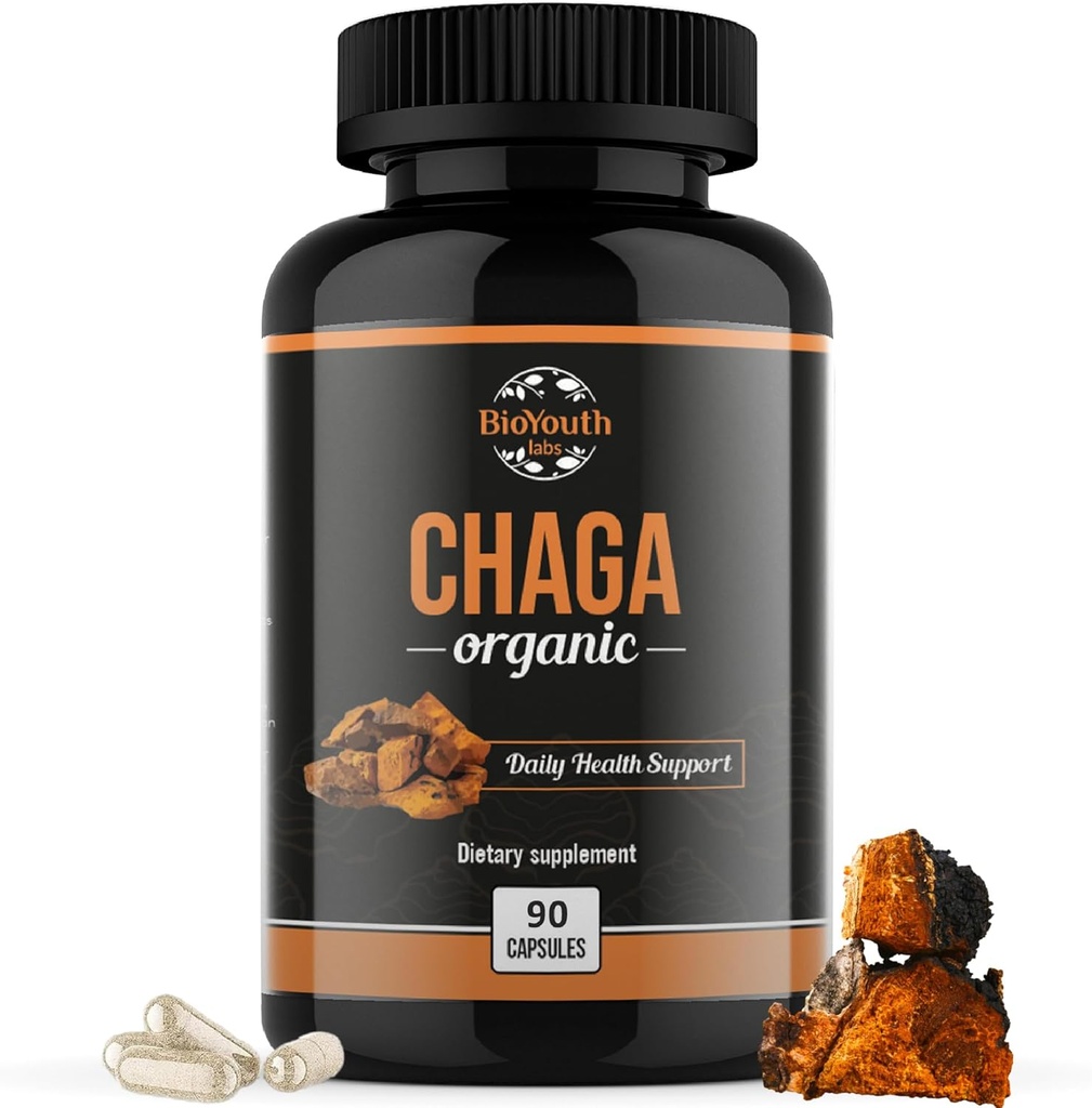 Chaga Capsules Organik Supplement | Destekler Immune Health & Vitality | Daily Immune Support | Organik Chaga Mushroom Extract | 90 Capsules (1 Ay Supply)