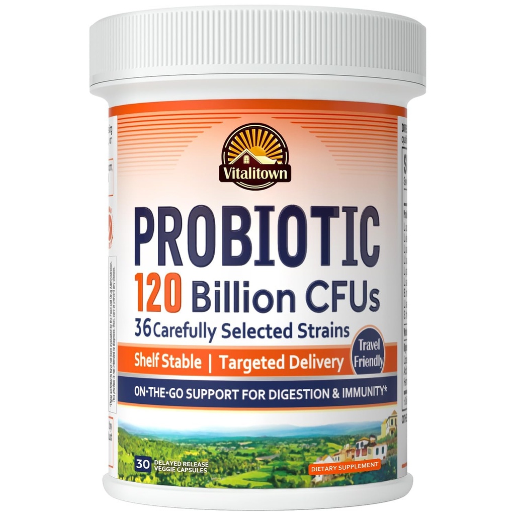 Vitalitown Probiyotiks 120 Milyar CFUs, 36 Strains, Prebiyotiks, Digestive Enzymes for Men Women, Gecikme, Raf Stable, On The Go Digestive Support, 30 Veg Caps