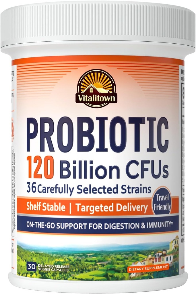 Vitalitown Probiyotiks 120 Milyar CFUs, 36 Strains, Prebiyotiks, Digestive Enzymes for Men Women, Gecikme, Raf Stable, On The Go Digestive Support, 30 Veg Caps