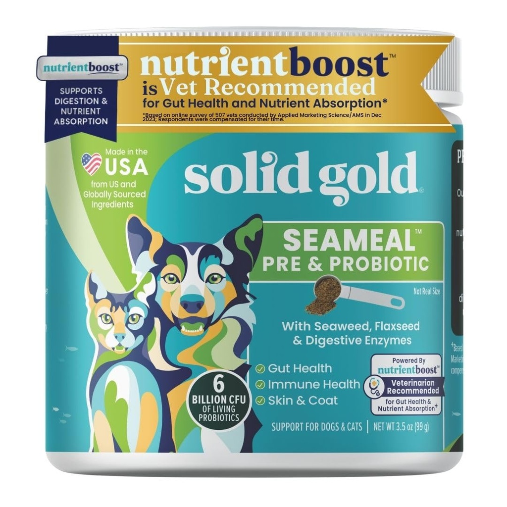 Solid Gold SeaMeal Cat Probiotic & Dog Probiotics for Digestive Health - Kelp Powder Dog & Cat Multivitamin Supplement w/Prebiotics & Digestive Enzymes for Skin, Coat, & Gut + Immune Support - 3,5oz