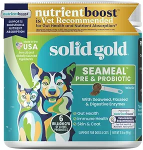 Solid Gold SeaMeal Cat Probiotic & Dog Probiotics for Digestive Health - Kelp Powder Dog & Cat Multivitamin Supplement w/Prebiotics & Digestive Enzymes for Skin, Coat, & Gut + Immune Support - 3,5oz