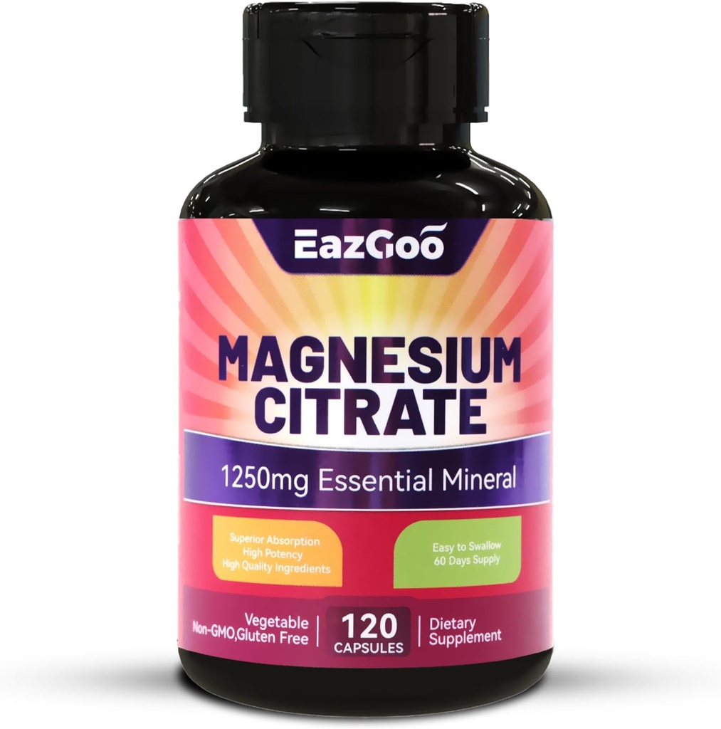 Magnezyum Citrate Capsules 1250 mg, Yüksek Abplastik Magnezyum Citrate Supplement with Elemental Magnezyum, Ekstra Güçlü Magnezyum Supplement, Non-GMO, Gluten-Free, 120 Sebze Capsules