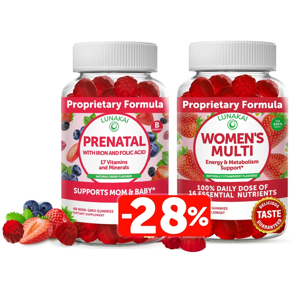 Lunakai Prenatal Vitamin ve Women's Multivitamin Gummies Sche - Hamile Multivitamin Gummy with Iron & Folic Acid - 16 Temel Vitamin ve Minerallerin %100 Günlük Değeri - 30 Gün Supply